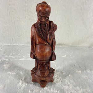 Vintage Asian Hand Carved Solid Wood Old Wise Man Buddha Statue Figurine
